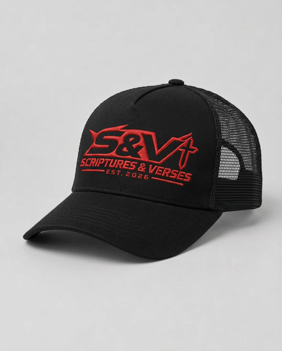 The Helmet of Salvation Hat — black trucker hat with a red embroidered S&V† logo, Scriptures & Verses and Est. 2026, mesh back and adjustable snapback