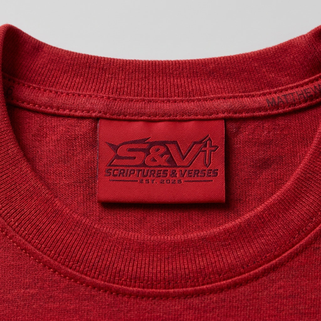 Design mockup of a red woven neck label with the S&V logo, Scriptures & Verses and Est. 2026